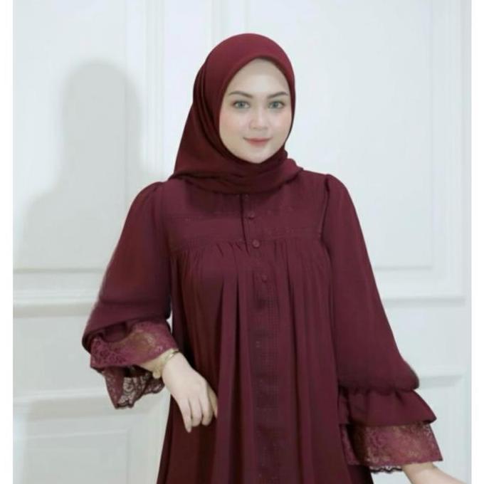 Grosir Abaya Elisha - Gamis Abaya Lengan Balon Dengan Renda Elegan Dan Payet Berkilau Bahan Jetblack