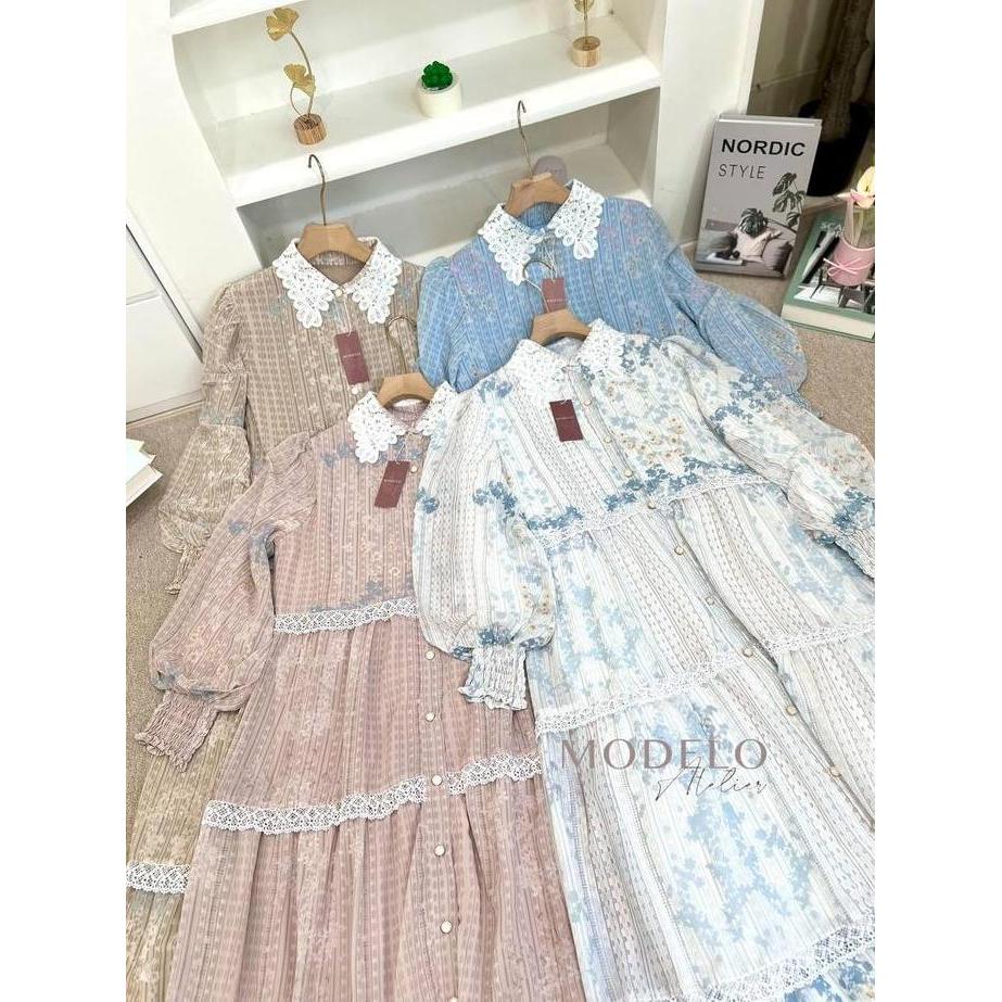 FELORA Vintage Dress / Raya Maxy Dress Wanita / Gamis Ceruty Kerah Korea Full Puring Mix Renda Konda