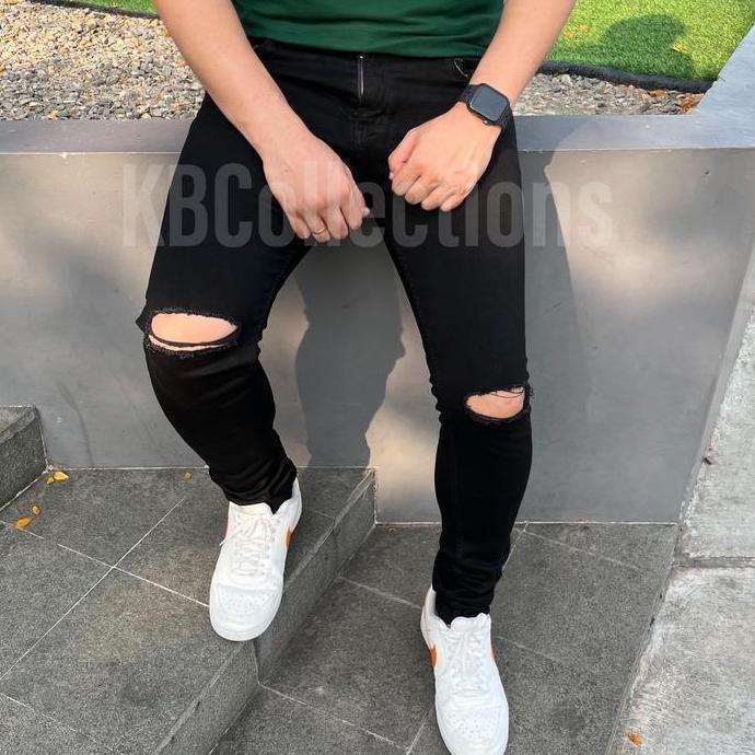 Larisyaa- Celana Panjang Jeans Hitam Pria Sobek Dan Polos