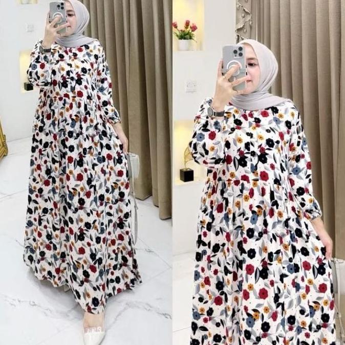 Premium Kolinda Midi Dress Rayon Motif Wanita Lengan Panjang Muslim