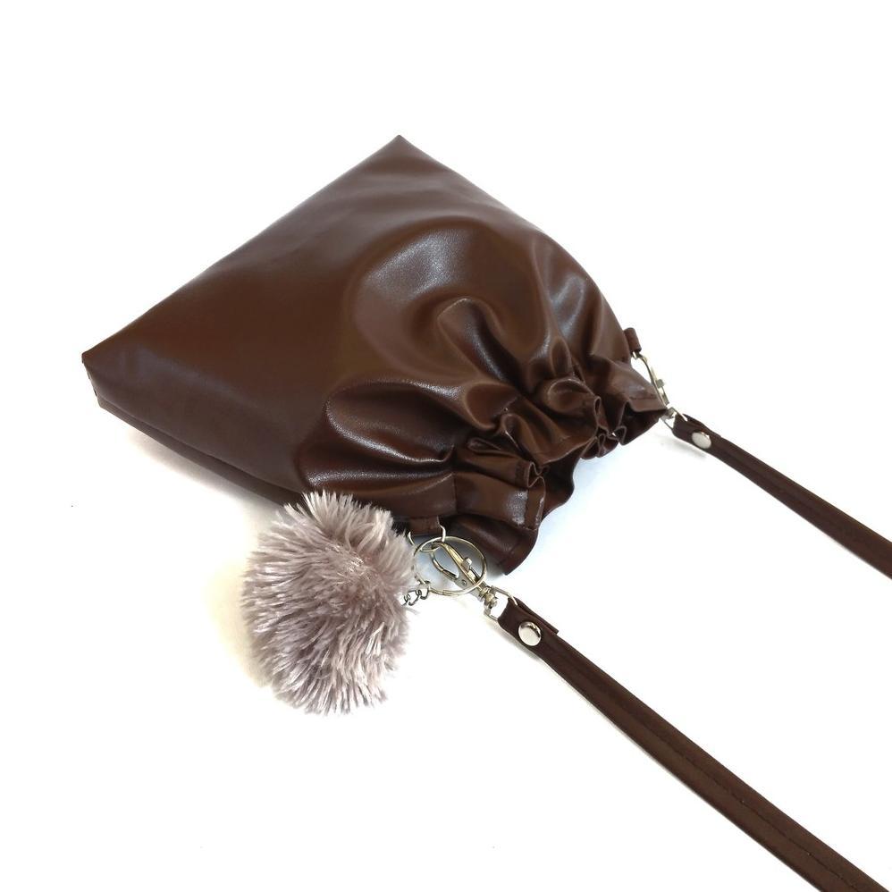 TERMURAH SLING BAG KERUT POMPOM - Tas Mini Selempang Wanita + Gantungan Bulu Pom Pom Lucu Murah