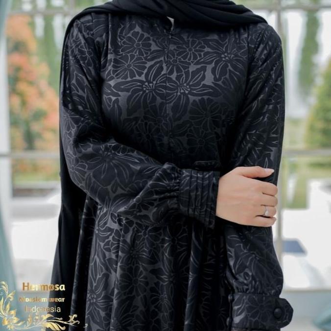 Sekarangaja- [Gamis Hermosa] Gamis Embos Hermosa Motif Lily Semua Warna (Hitam, Coklat Tua, Army, To