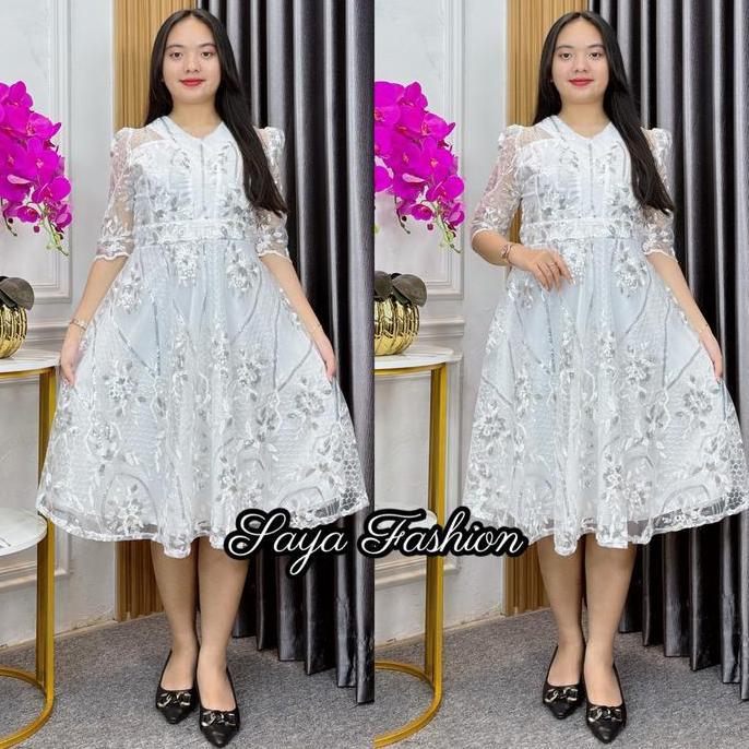 DS129 >> Midi Dress Tile Putih Bordir Payet Bunga V-Neck 51700 47 Dress Pesta Wanita