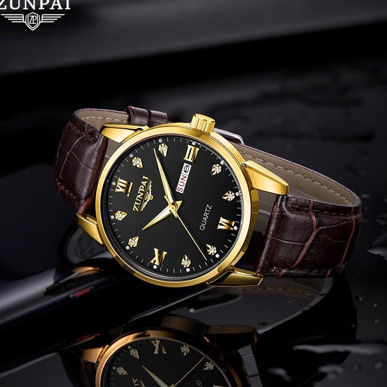 Thebest- ZUNPAI Jam Tangan Pria Asli Anti Air Kalender Bercahaya Bisnis Baja Tahan Karat Emas Jam Ta