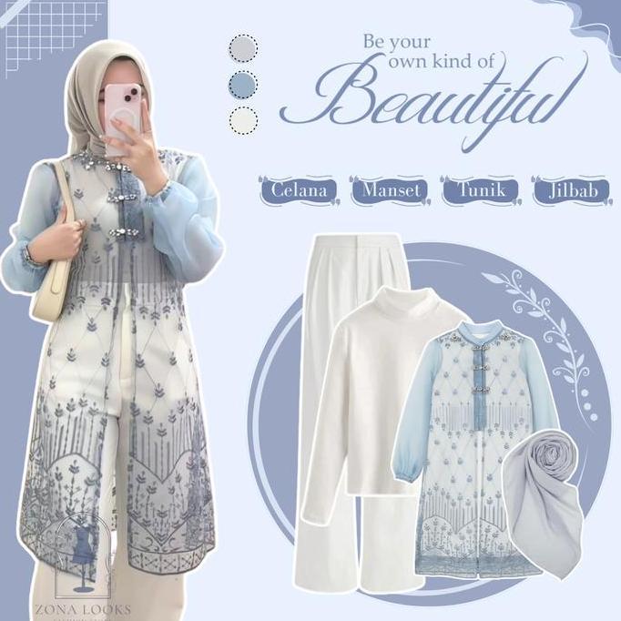 Setelan Lebaran Remaja ( Manset Panjang - Tunik Brokat - Celana Kulot - Jilbab ) One Set Denim Outfi