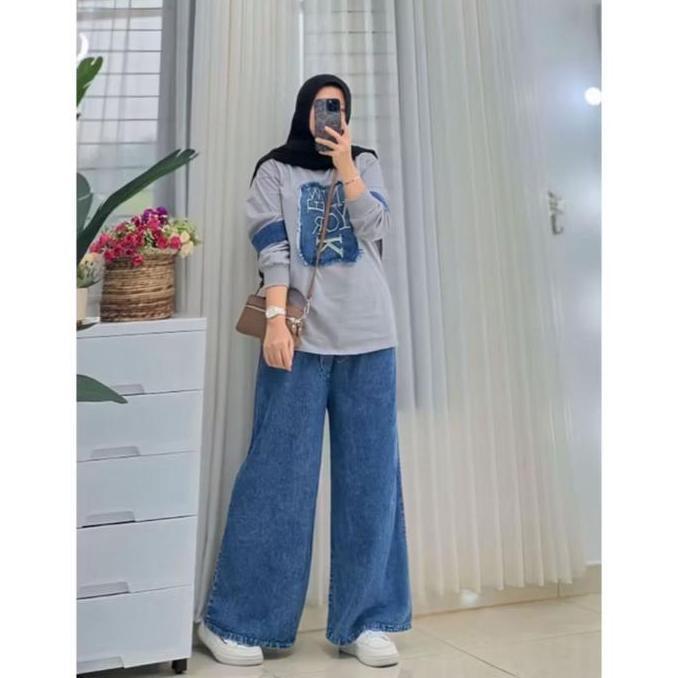 Set celana kulot  jeans mix kaos combad NY by jevani