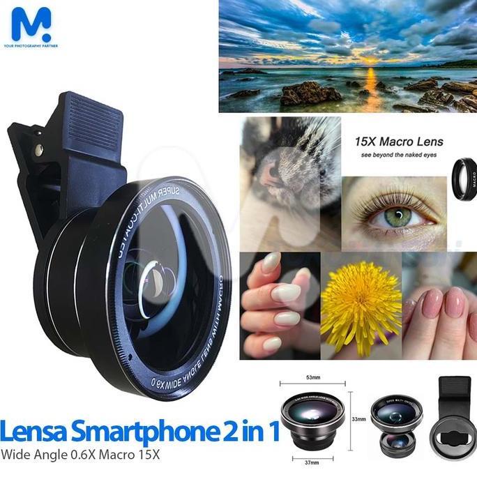 Lensa Smartphone 2 In 1 Wide Angle 0.6X Macro 15X Hemat