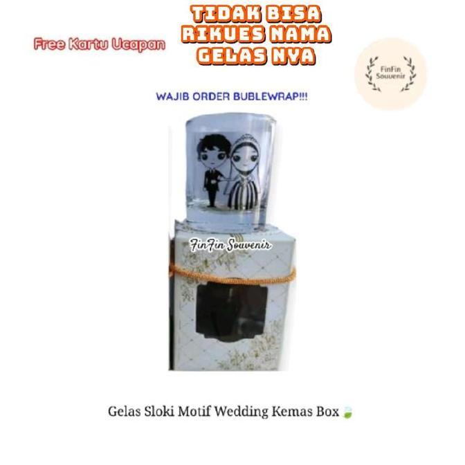 Ready Souvenir pernikahan 50pcs gelas sloki motif wedding kemasan box free tali