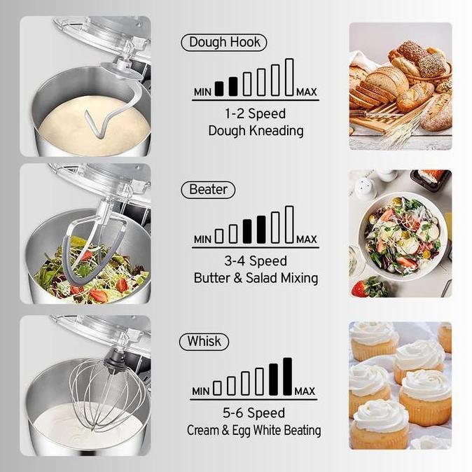 Freshmint- Joil Stand Mixer 7 Liter Dengan Timer Off 6 Speed Mangkuk Stainless Steel Lengkap Dengan 