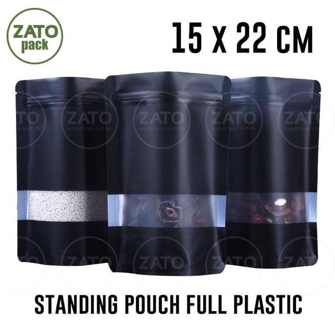 Promo 15x22 - 50 pcs BLACK STANDING POUCH FULL PLASTIC - kemasan packaging bungkus standing pouch ZA