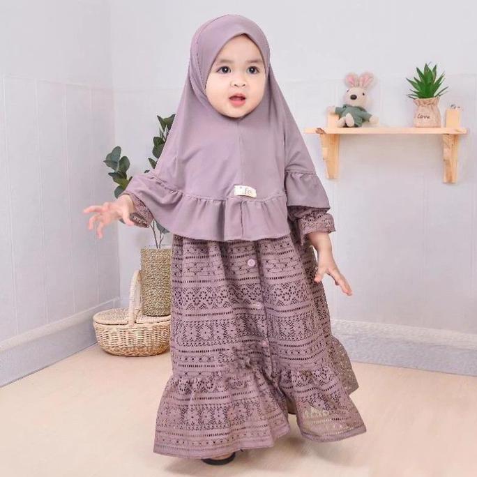 Gamis Anak Aluna Kids-Gamis Brokat Tille  Gamis Plus Hijab Mix Hyget-Anak Bayi Usia 1-3Tahun Terbaru