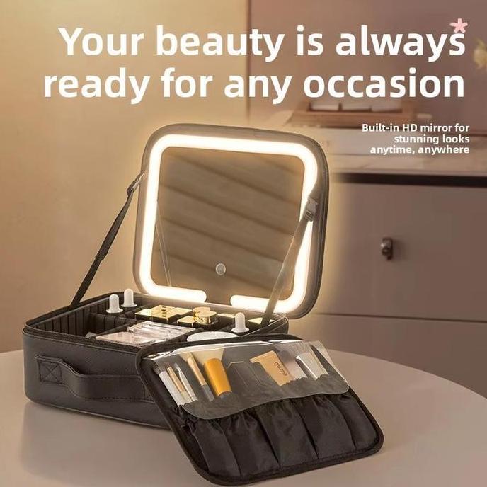 YUKAAME Tas Makeup Dengan Lampu LED  Make Up Box /Tas Kosmetik /Kotak Kosmetik /Beauty Case/2Tingkat