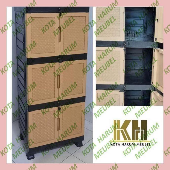 lemari plastik 3 susun polos coklat anyaman rotan gunplas pakai kunci