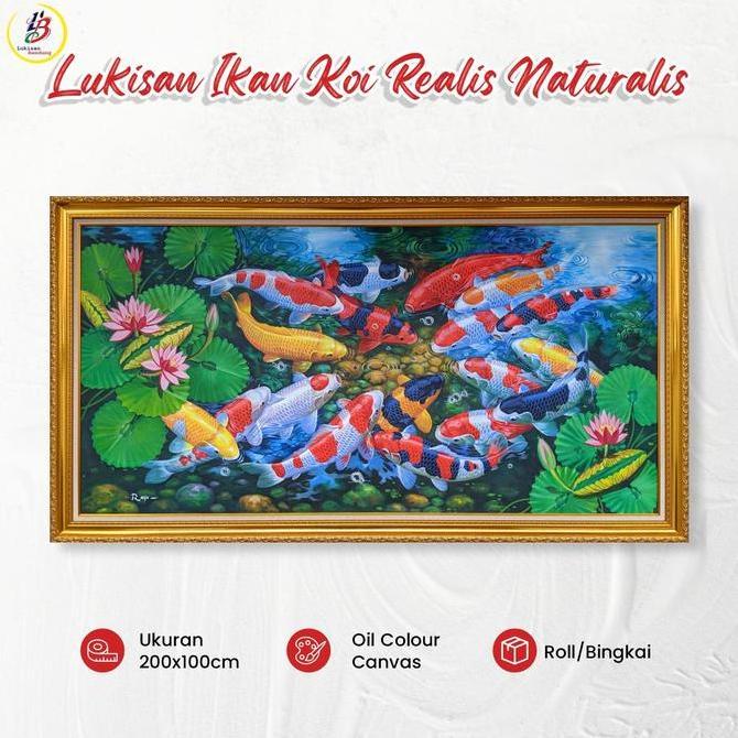 Terlaris Lukisan Ikan Koi Hoki Ukuran Besar 200X100 | Roll Lukisan Non Bingkai Dekorasi Hiasan Dindi