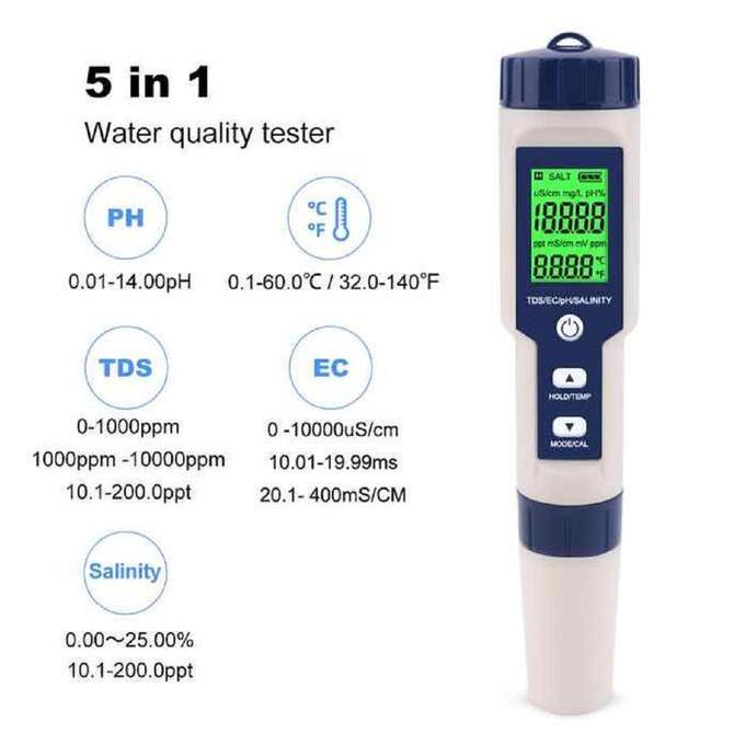 5 IN 1 ALAT UKUR UJI KUALITAS AIR PH TDS EC SALINITY SUHU EZ 9909 ORIGINAL DAN TERPERCAYA