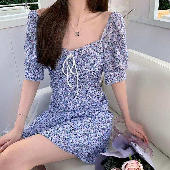DS336 - DR392 Korean Mini Retro Dress Motif Bunga Wanita Model Sabrina Gaun Vintage Pantai Casual Mi
