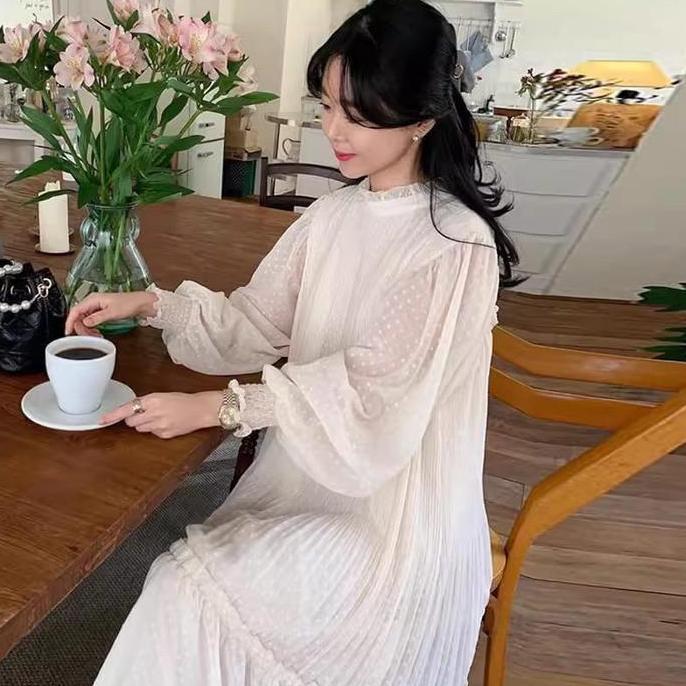 DE78 - Long Dress Wanita Korean Lengan Pnjang Fairy Dress Putih Simple Hijab Friendly Dress Pantai D