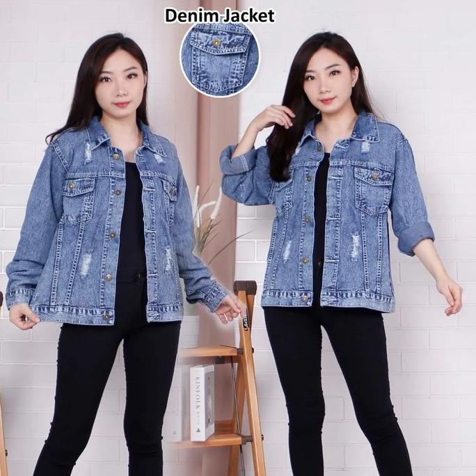 DS89 >> Jaket Jeans Oversize Jaket Denim Wanita Oversize Jaket Jeans Jumbo Sobek