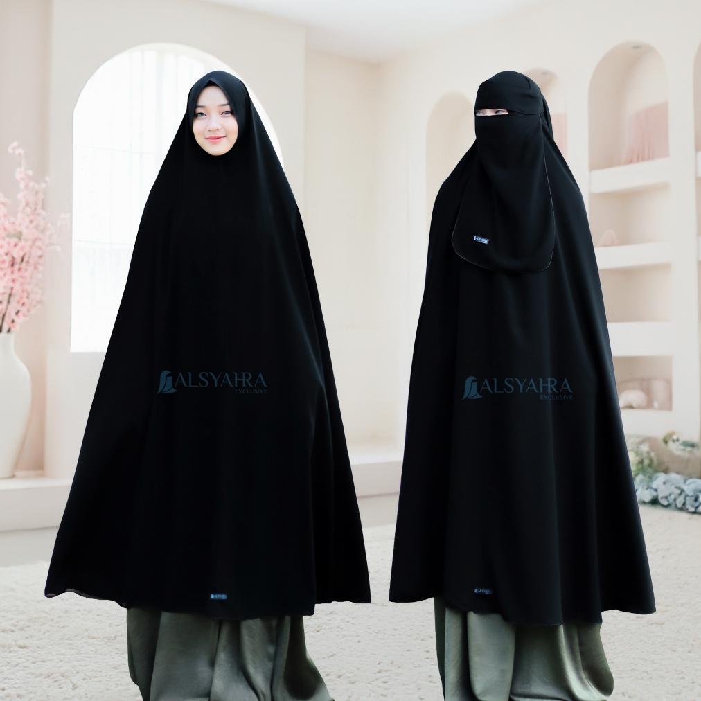 Limited Alsyahra Exclusive - Set Long Khimar Like Mukena Haramain Niqab Bandana Jetblack