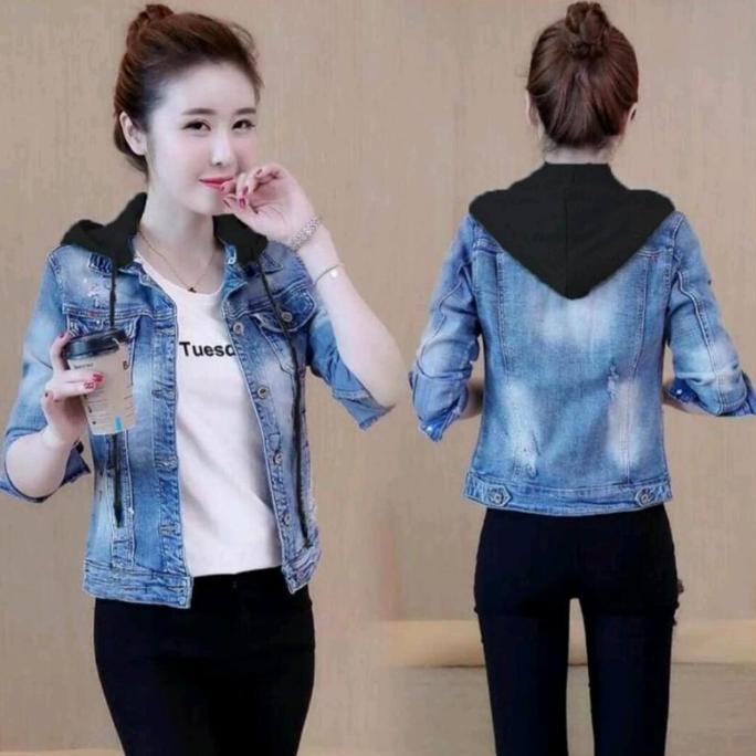 DV125 - JAKET JEANS WANITA LENGAN PANJANG KOMBINASI HOODIE BABYTERRY