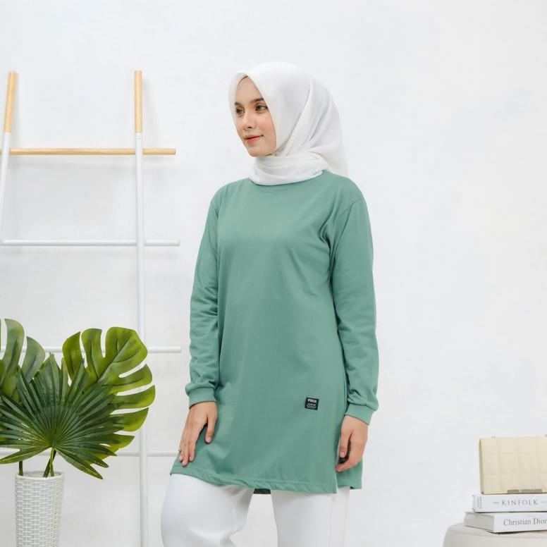 murah kaos tunic lengan panjang,baju tunic wanita terkini,tunic lengan panjang wanita sage green,tun