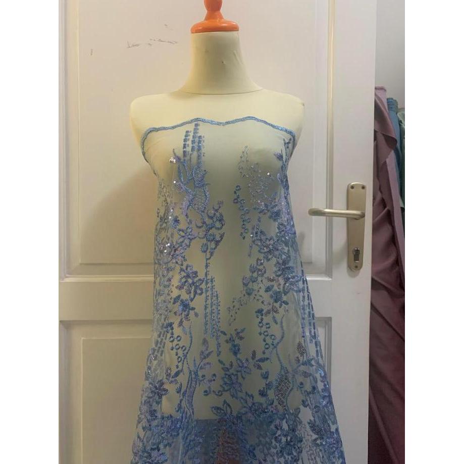 DV328 >> 1/2 Meter Kain Bahan Kebaya Mewah Brokat Tile Bordir Payet Gracia Warna Biru Denim Blue