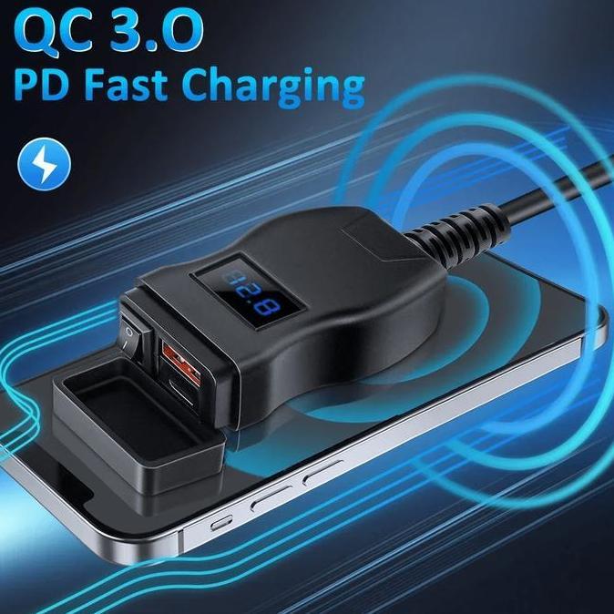 REWARLI Adaptor Tempat Cas Hp Motor Portable Charger Motor Voltmeter Anti Air QC 3.0 PD USB Type C