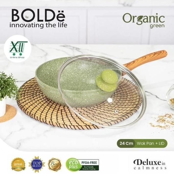TERBARU - BOLDE O~TW92DL ORGANiC GREEN CERAMiC WOK PAN + LiD 24 Cm Wajan Penggorengan Masak Keramik 