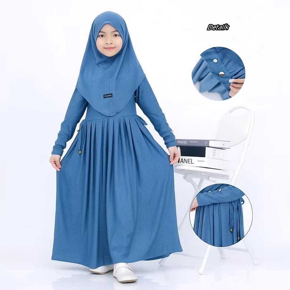 cuci gudang gamis anak jersey inara set hijab baju muslim perepuan 2-12 tahun pinggang serut tali hi