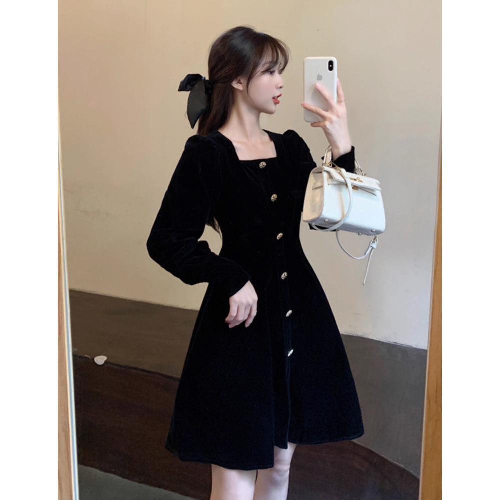 HOT DEALS Fairy Evening Dress Hitam Polos Gaun Pesta Mewah Elegan Lengan Panjang Wanita Kekinian Cas