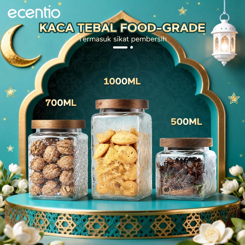 ecentio Toples Mewah Aesthetic ramadan Emas Kaca Ukuran Besar untuk Lebaran - Toples Kue Kering & Ke