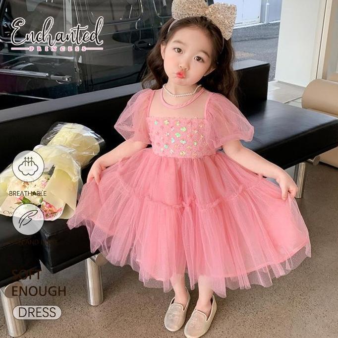 2-9 Tahun Gaun Pesta Anak Perempuan Pink Cerah Payet Kristal Lengan Gelembung Tulle Rok Lapis Lebar 