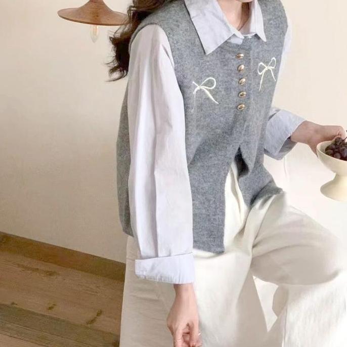 DV185 - Rompi Rajutan Bordir Pita Wanita Warna Polos Tanpa Lengan Kemeja Rajutan Rompi Serbaguna Pan