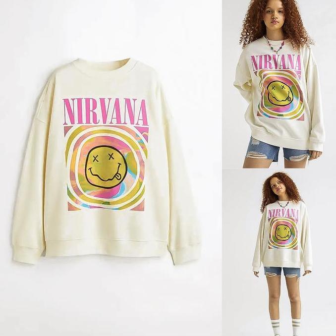 DI124 - Crewneck Nirvana Putih Tulang Logo Motif Printed Atasan Crewneck Pria Wanita Nirvana Broken 