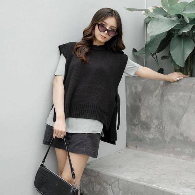 DE120 >> ANDIN Rompi Tali / VEST KNIT Rajut Wanita Outer Knit Premium Atasan Wanita Panjang Hitam