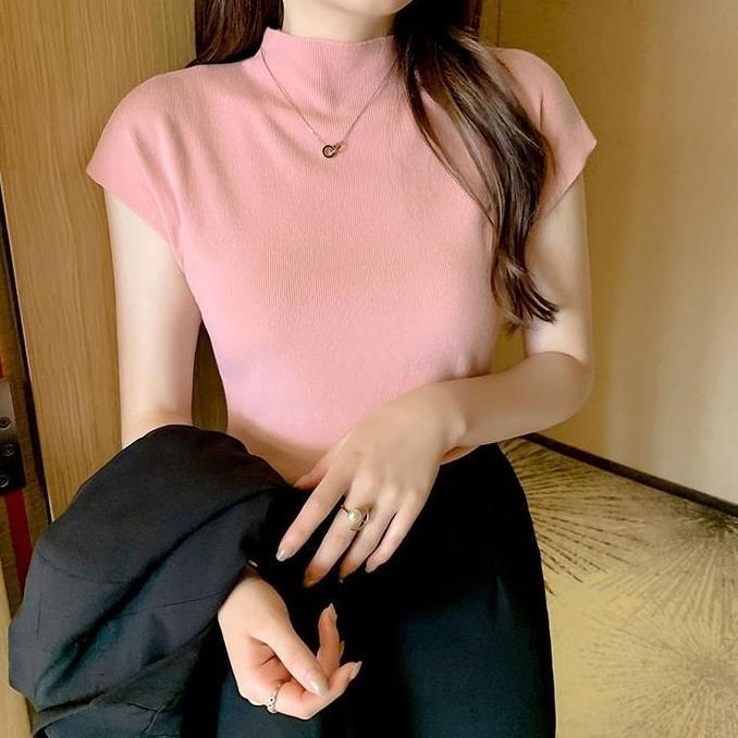 Ready Baju Atasan Wanita Baju Rajut Wanita Inner Turtleneck Kerah Tinggi Lengan Pendek Fashion Korea