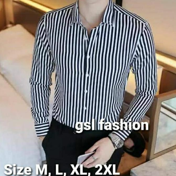 GSL Kemeja Pria Lengan Panjang Motif Polos Salur Hitam Putih Katun Flanel Import Jumbo Baju Atasan C