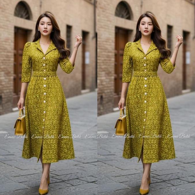 Ftx- Emma Butik E00196 Midi Dress Jacquard Gaun Wanita Formal Dress Kancing Dress Gereja Mewah Panja