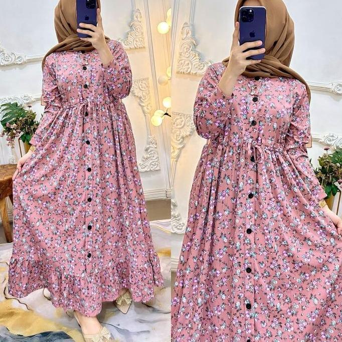 Termurah / Hot Sale Gamis Serut Motif Kancing Muslimah Panjang Wanita Rempel Busui Dress Mewah Lebar