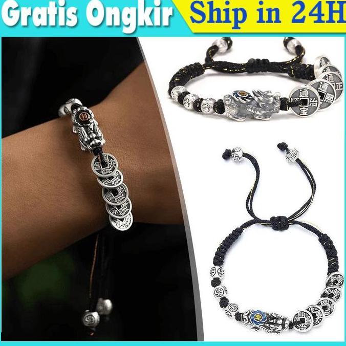 SHIRENLY Gelang pixiu titanium tali hitam pria feng shui asli perak pixiu gelang keberuntungan china