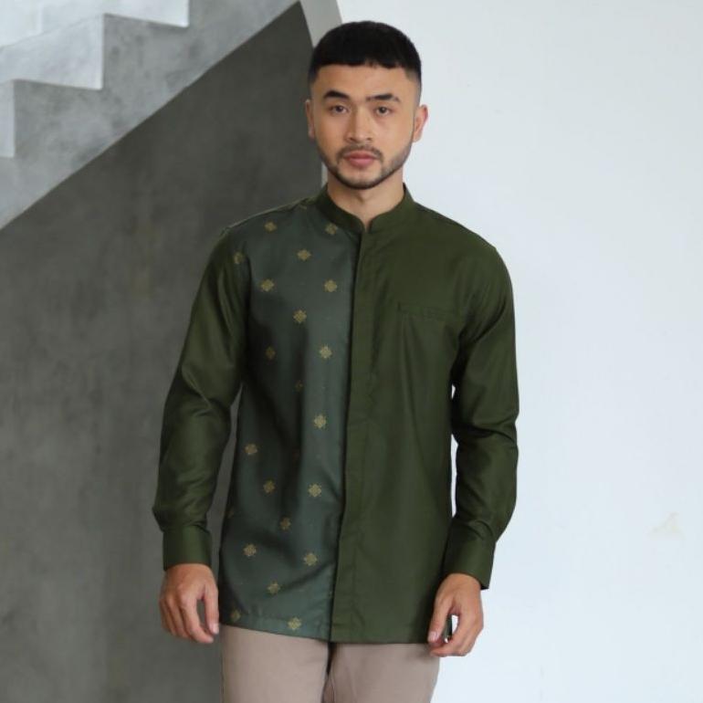 Promo Bulan Ini Baju Koko Kurta Dewasa Lengan Panjang Berkualitas Warna Hijau Lumut Hitam