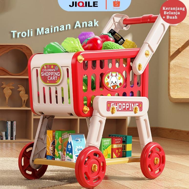 JIQILE Mainan Troli Anak Perempuan/Troli Mainan Anak/Keranjang Dorong Mainan Anak/Troli Masak Masaka