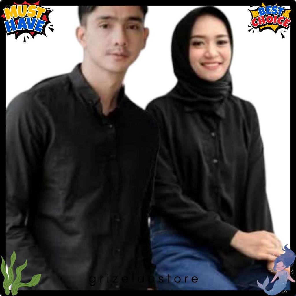 Kemeja Couple Polos Baju Pasangan Wanita Pria Lengan Panjang hitam Diskon Imlek