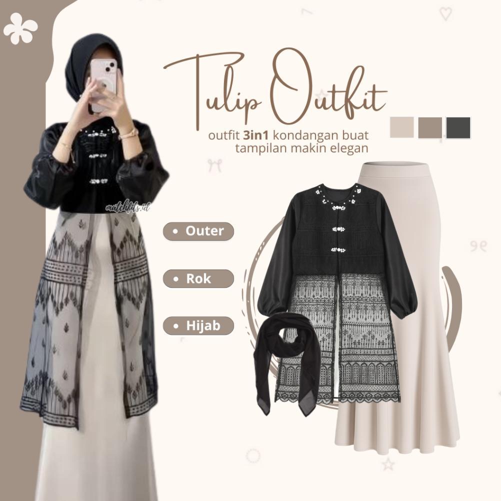 Setelan Outfit Kondangan Wanita [ Outer Brokat Tunik Brukat Tulip + Rok Duyung Scuba + Jilbab Segi E