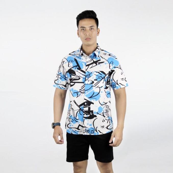 RICARDO Kemeja Pria Motif Printing Biru Lengan Pendek 32584 Best Seller