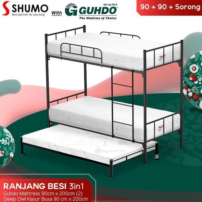 Guhdo Springbed X Ranjang Besi Bunk Bed Tingkat 3In1 90/90/90 Spring Bed Guhdo Full Set