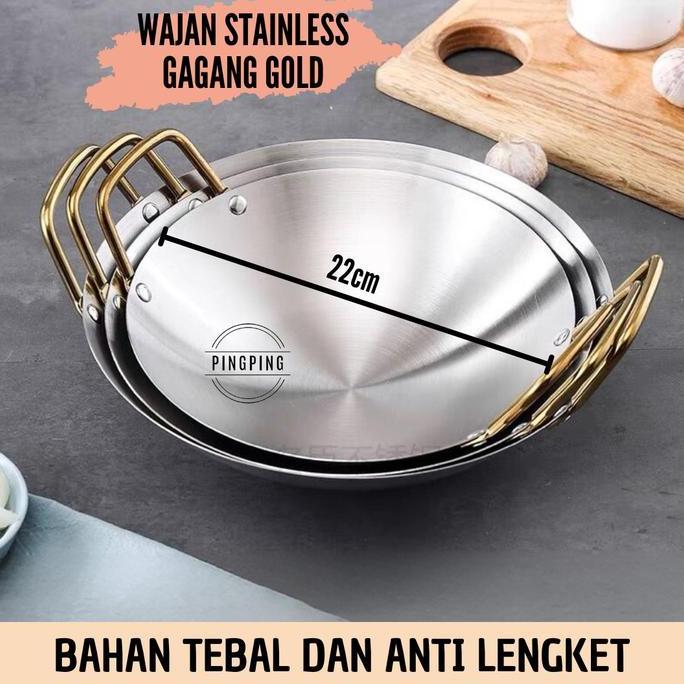 Wajan Stainless Gagang Gold / Wajan Kuali Stainless Steel Kitchenware Allshop