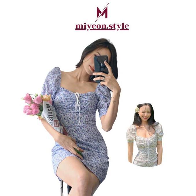 BL61 ~ Miyeon DR392 Korean Mini Retro Dress Motif Bunga Wanita Model Sabrina Gaun Vintage Pantai Cas