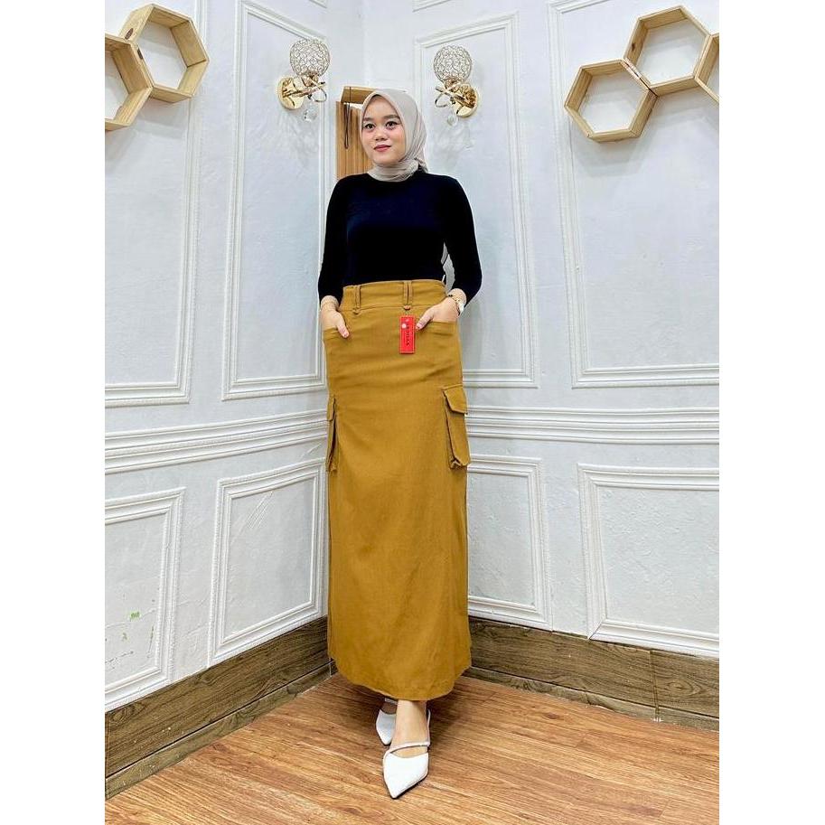 Rok Kargo Model Payung Wanita Bahan SoftJeans Premium Adem Tebal dan Melar Panjang Karet dengan Saku
