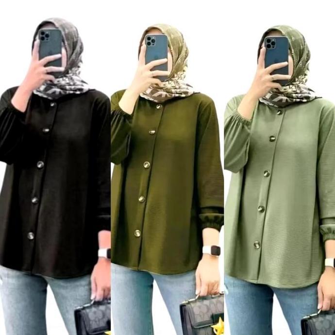 Termurah / Hot Sale Baju Atasan Kemeja Outfit Long Sleeve Kerah Kancing Depan Jumbo Basic Wanita Per